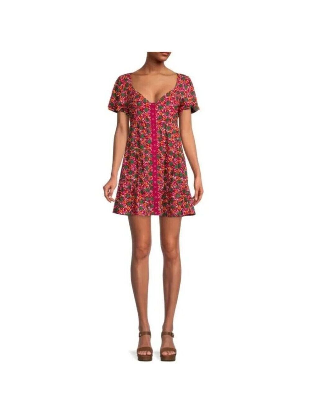 New BETSEY JOHNSON Floral-Print Button-Front Dress in Vivacious Pink Size S